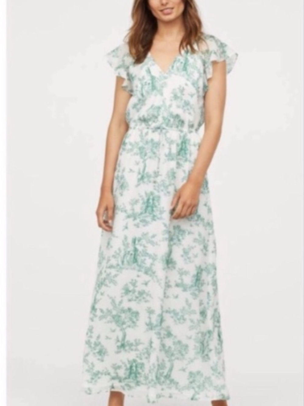 H&M GAREN COTTAGE White & Green Toile Floral Maxi Dress w  Floral Print. Sz. 4